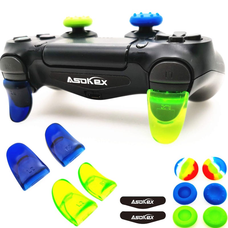 Asokex زنبركات L2 R2 لجهاز Ps4 (2 أزواج من موسعات الزناد، 6 قطع من قبضة عصا التحكم، 2 أزواج من ملصقات شريط الضوء LED) لجهاز تحكم Dualshock Ps4 (أخضر وأزرق) - Image 1